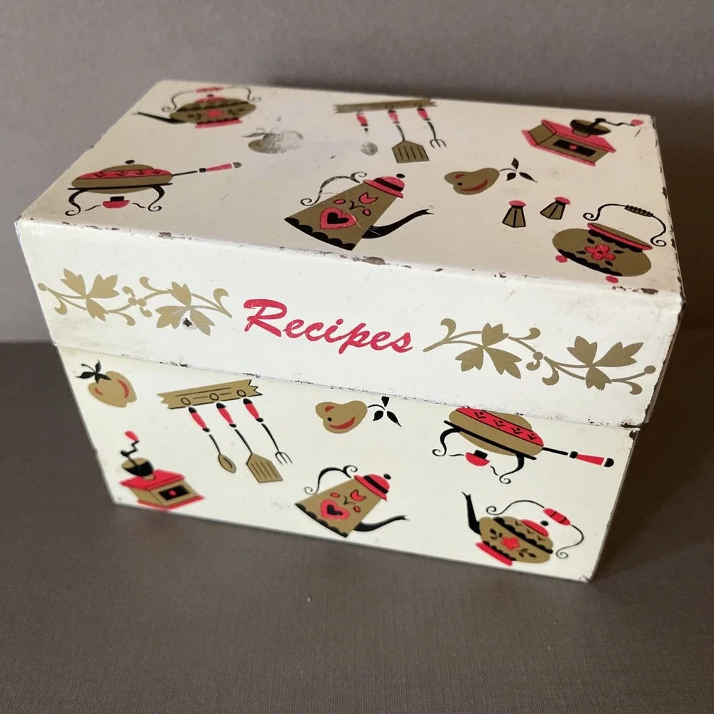 Vintage Metal Tin Recipe Box Midcentury Farmhouse Retro Kitchen Decor Gold‎